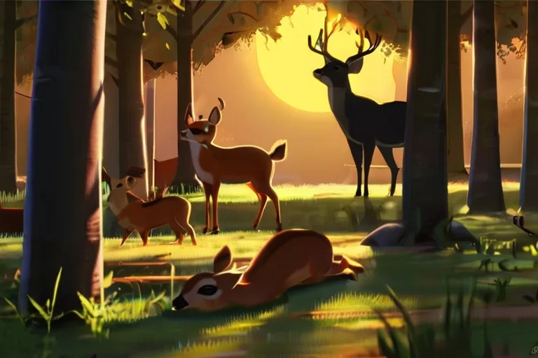 a group of deer in a forest at sunset