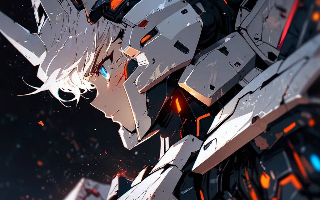 a woman wearing Gundam power armor looking down with a serious look on her face with white wavy hair and blue eyes.