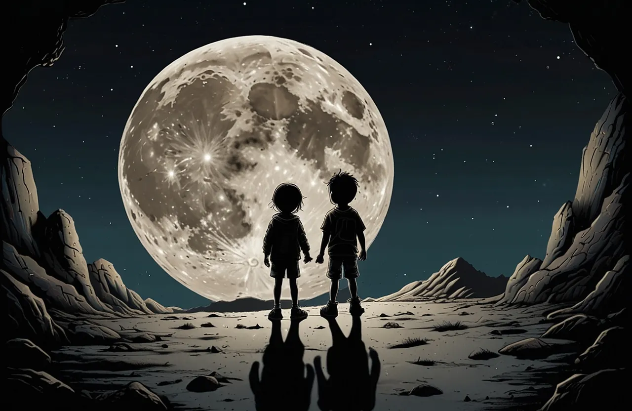 two children standing in front of a full moon