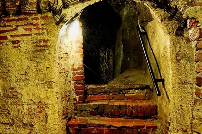 a brick tunnel with stairs leading up to it