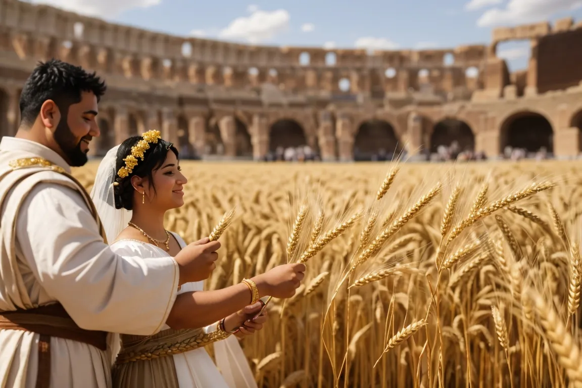 "Can you explain the ceremony of marriage with wheat in Ancient Rome? Please provide details about the specific rituals, symbols, and significance of using wheat in the marriage ceremony in Ancient Rome."