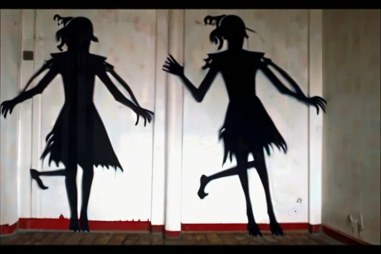 two silhouettes of a girl and a boy standing in front of a door