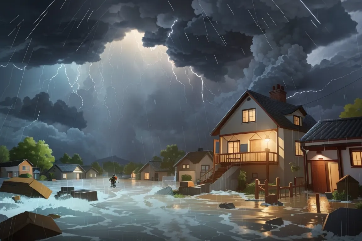 a painting of a storm coming in over a town