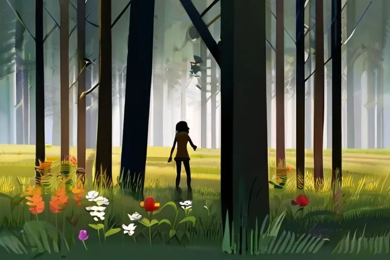 a little girl standing in the middle of a forest