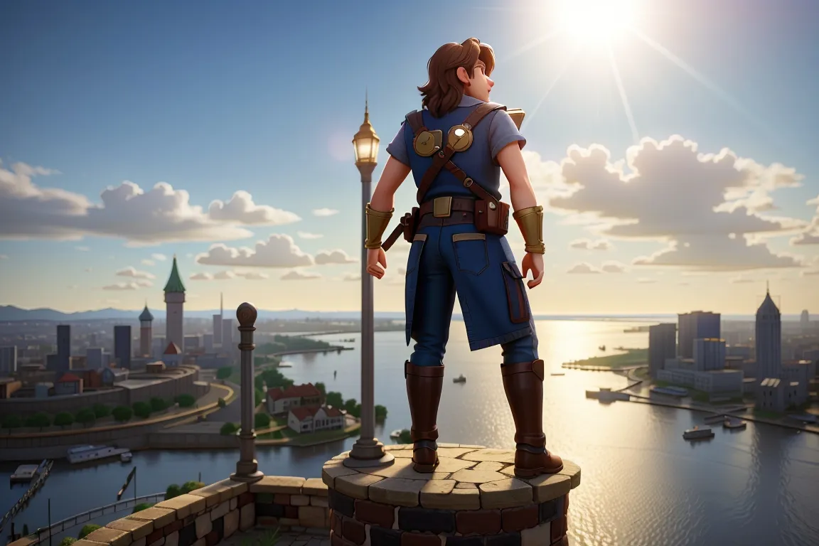  Kai standing proudly atop a newly restored tower, overlooking the bustling city below, as sunlight filters through the water, casting a warm glow.