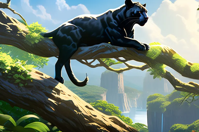 a black panther sitting on top of a tree branch, Anime