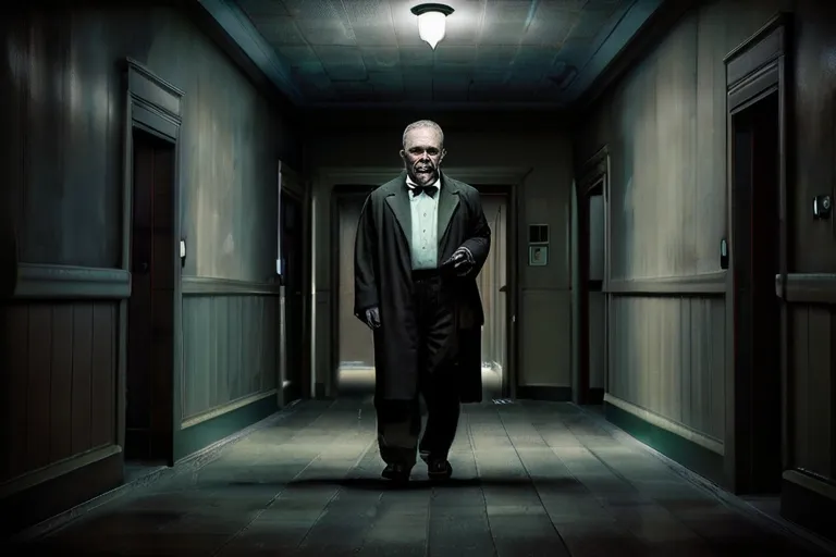 a man in a suit and bow tie standing in a hallway