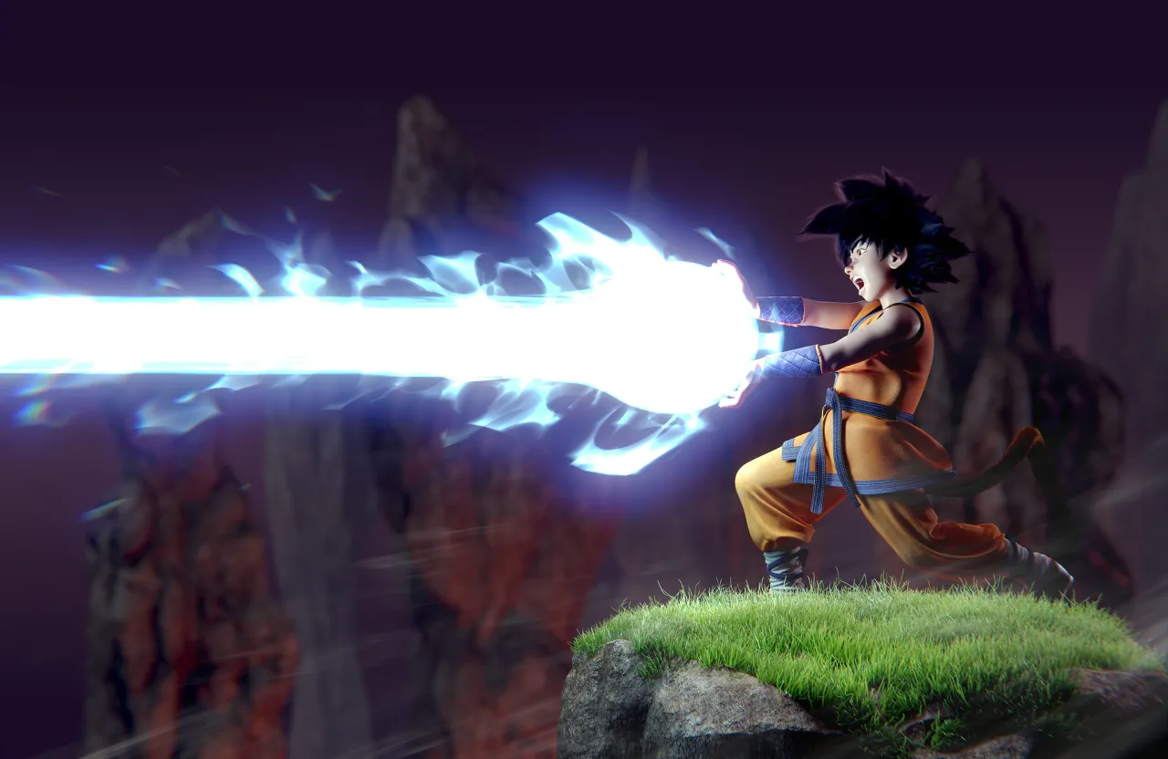 Young Gohan gazing at magical creatures with his glowing kamehameha as a guiding light