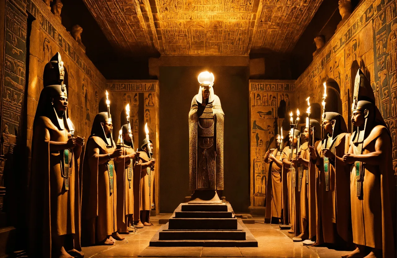 a group of egyptian statues in a room