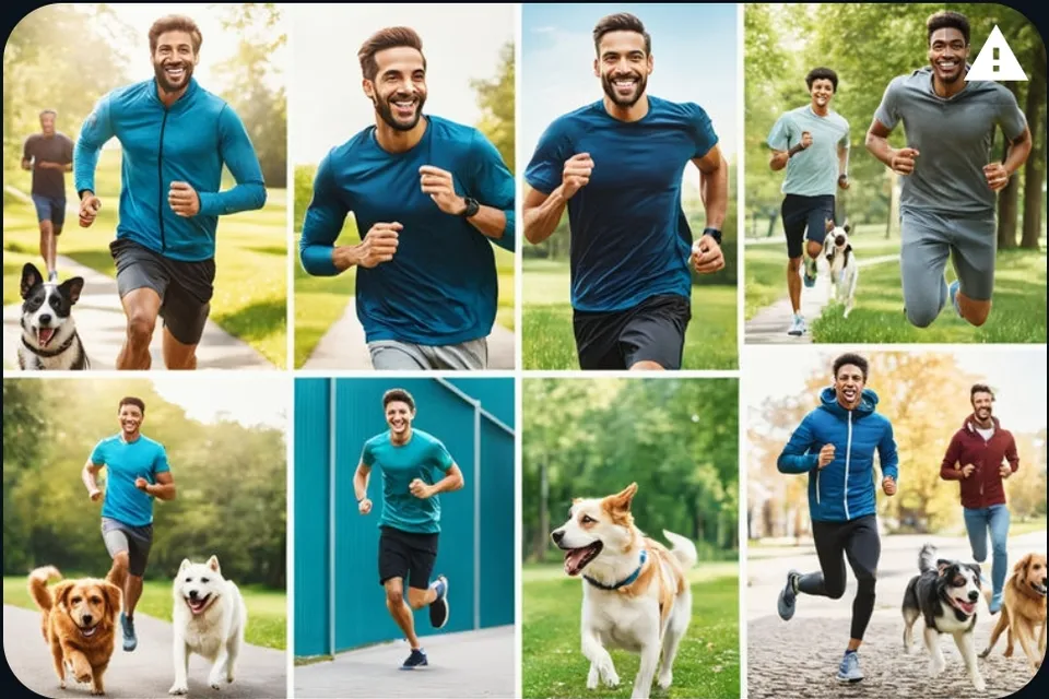 a collage of photos of a man running with his dogs