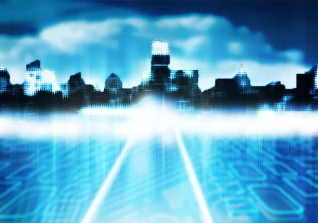 a  digital city skyline with a blue sky in the background