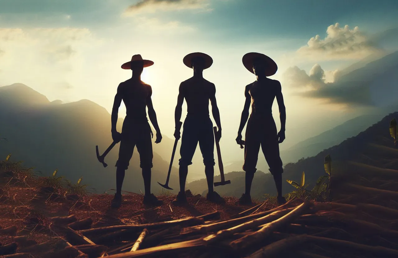 three silhouettes of three people with hats and canes standing looking at something