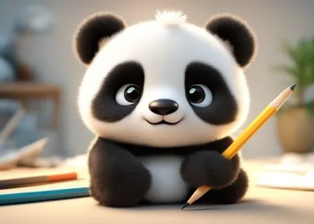 a cute little panda bear picking up a pencil