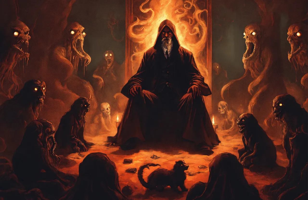 a painting of a man sitting on a throne surrounded by monsters