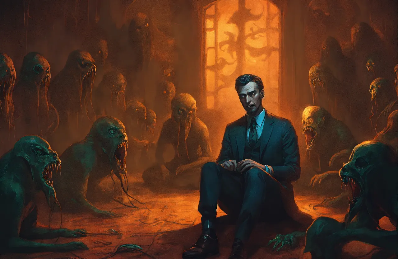 a painting of a man sitting in front of a group of zombies