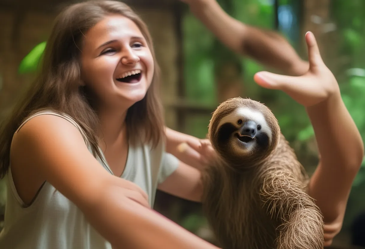 a young girl is petting a sloth in a zoo