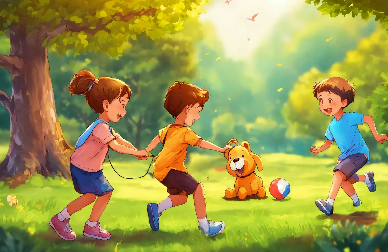 three children playing with a teddy bear in a park