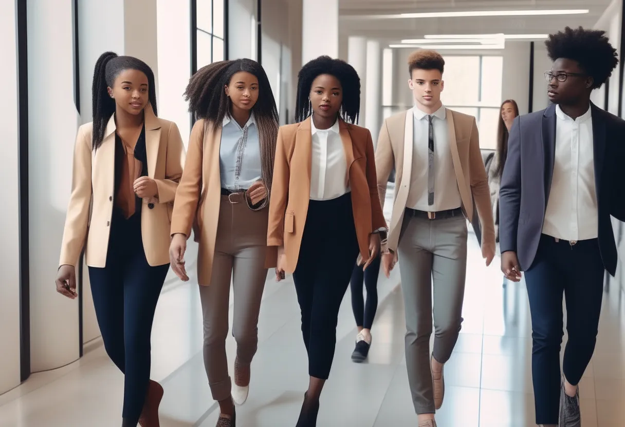 a group of people walking down a hallway