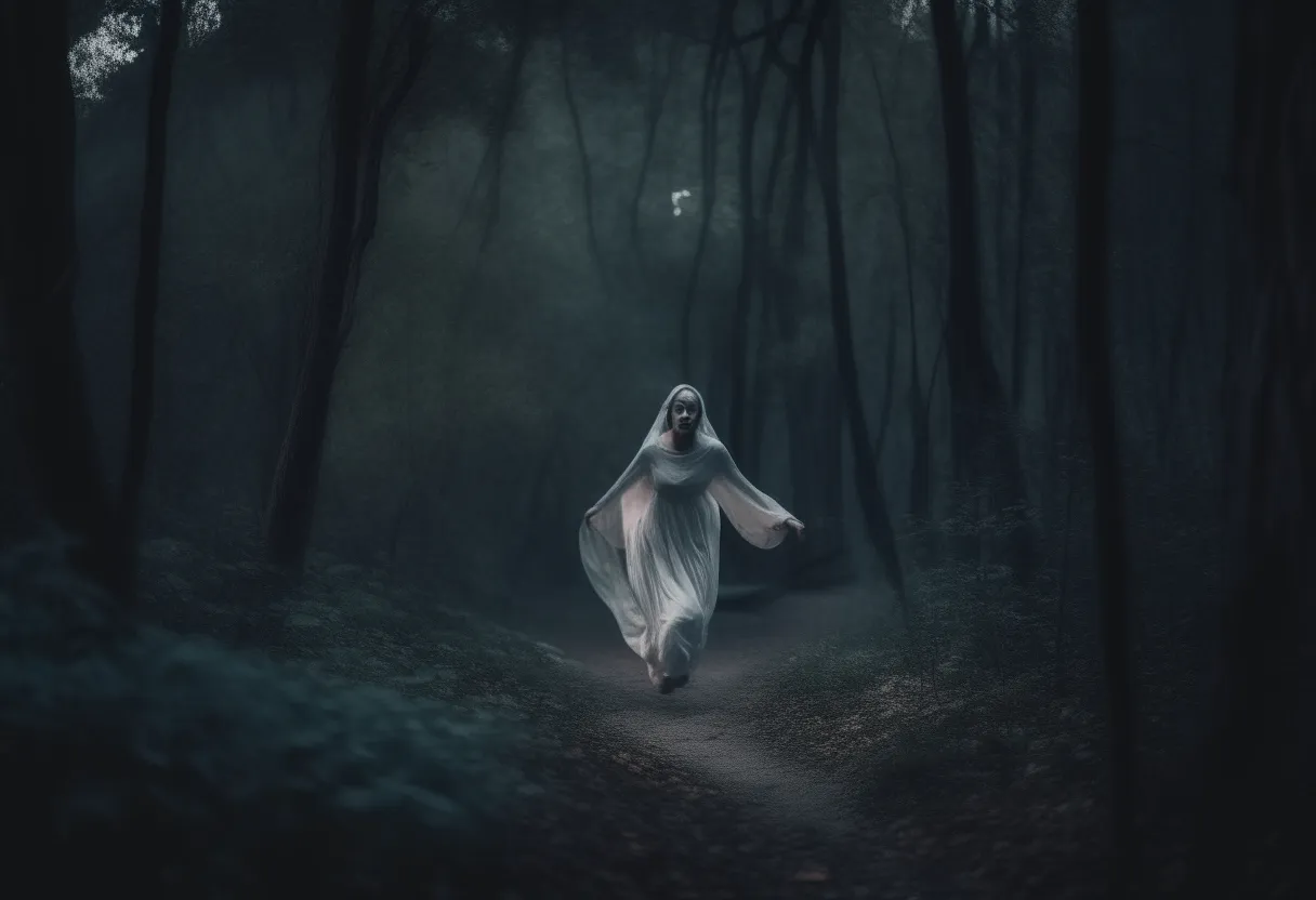 a ghostly woman walking through a dark forest