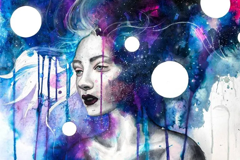 a painting of a woman's face surrounded by bubbles