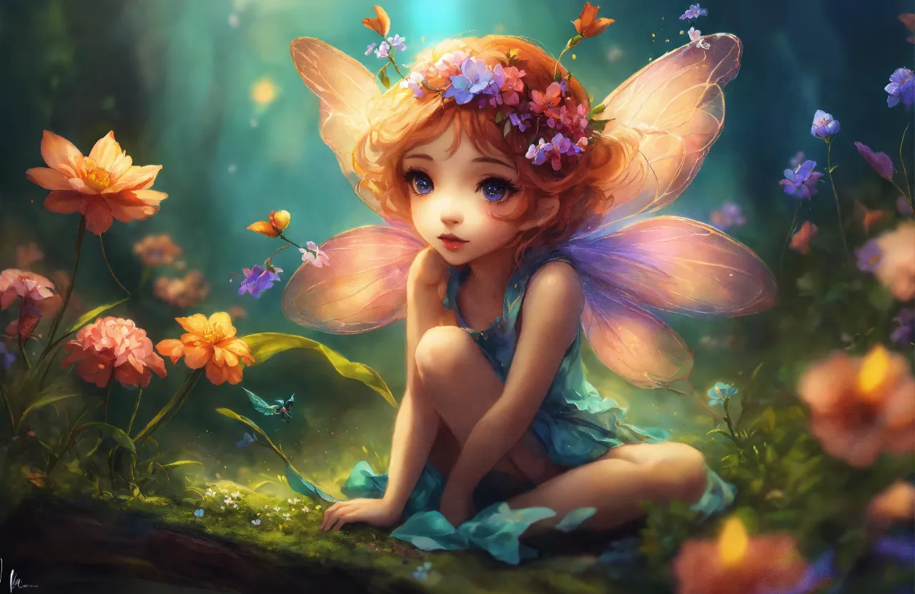 a painting of a fairy sitting on the ground