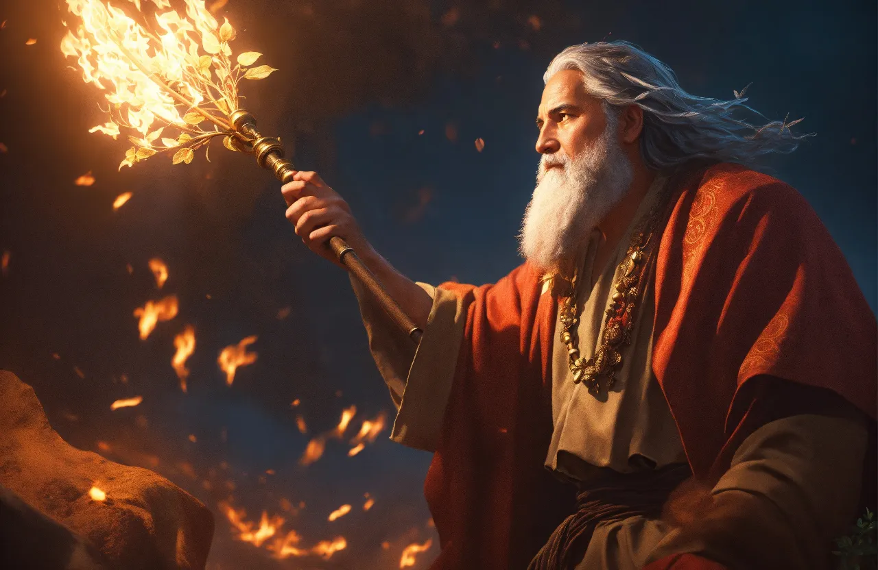 a man with a long white beard holding a stick of fire