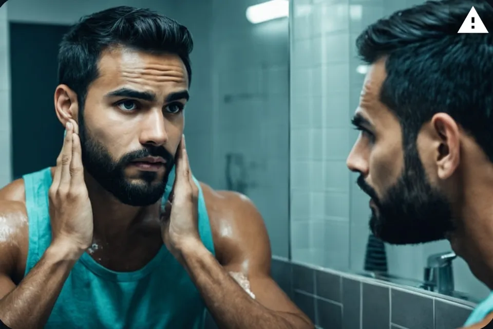 Visual: A man washing their face in the bathroom and looking in the mirror with determination.Details: Mirror reflection showing a transformation from sleepy to alert, emphasizing the positive mindset.