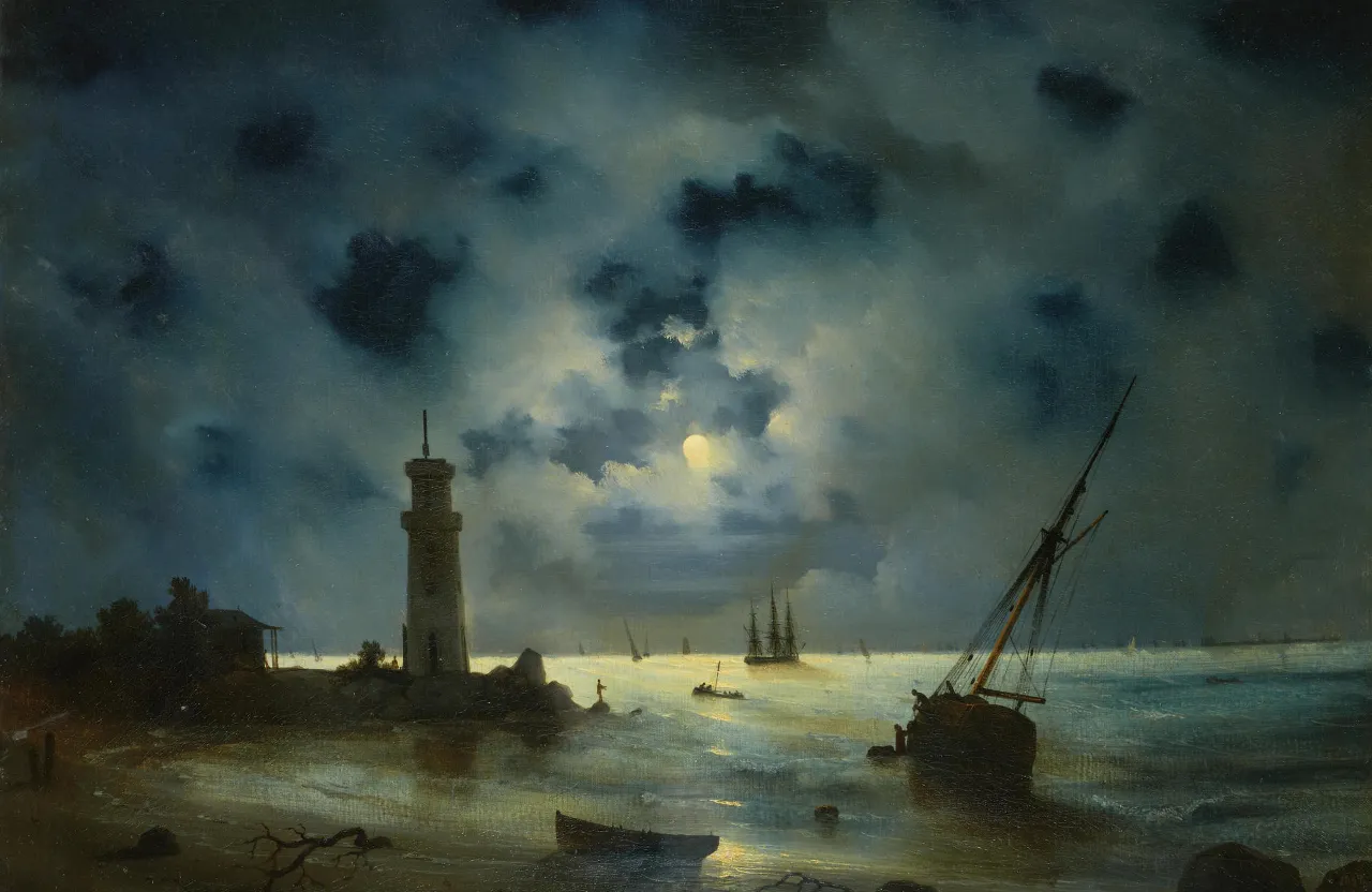 a painting of a lighthouse on a stormy night