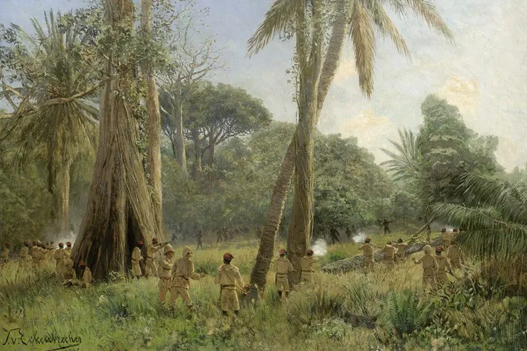 a painting of a group of soldiers in a jungle