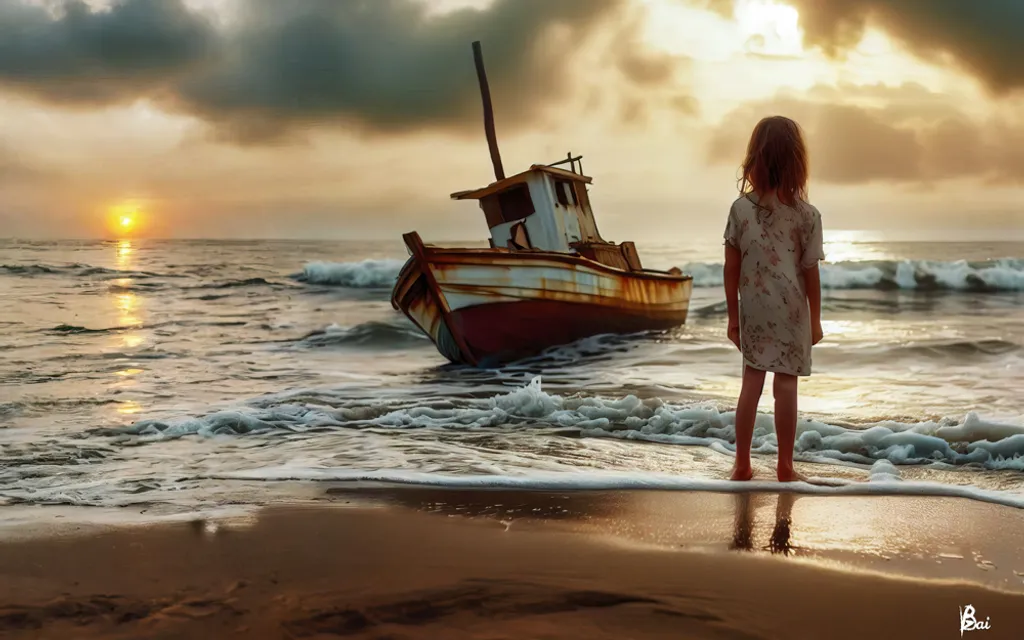 a little girl standing on a beach next to a boat