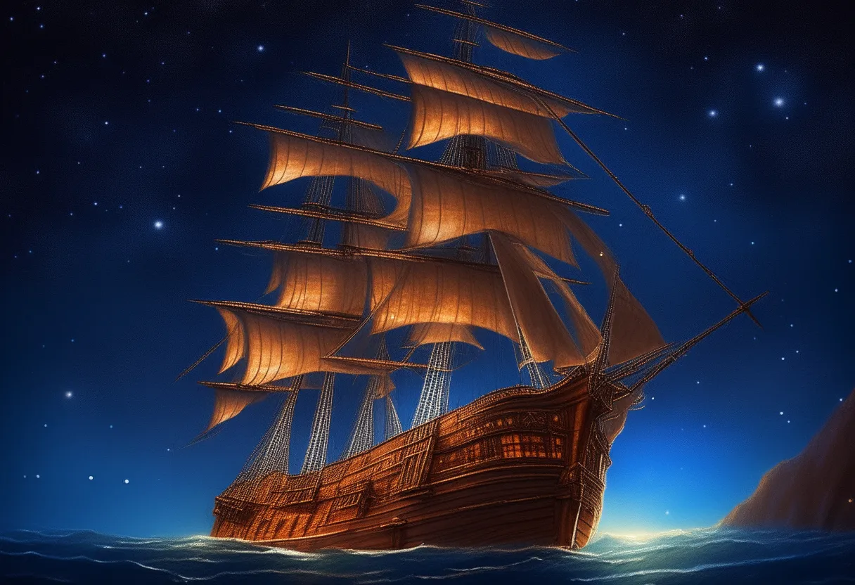 a painting of a sailing ship in the ocean