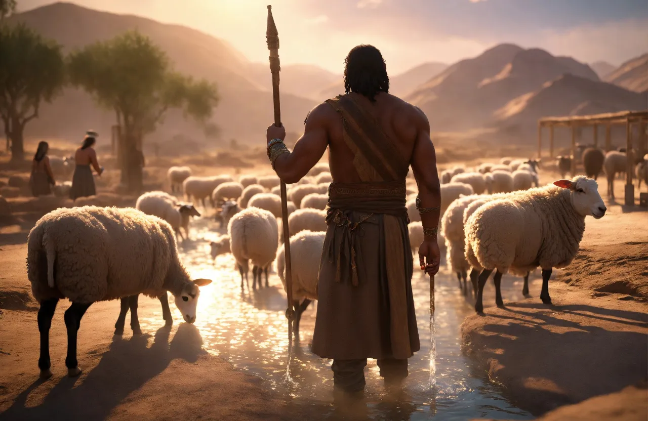 a herd of sheep walking across a river next to a man