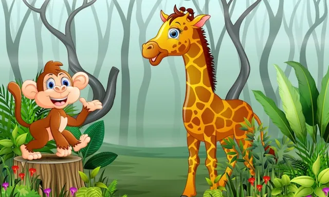 a monkey and a giraffe in the forest