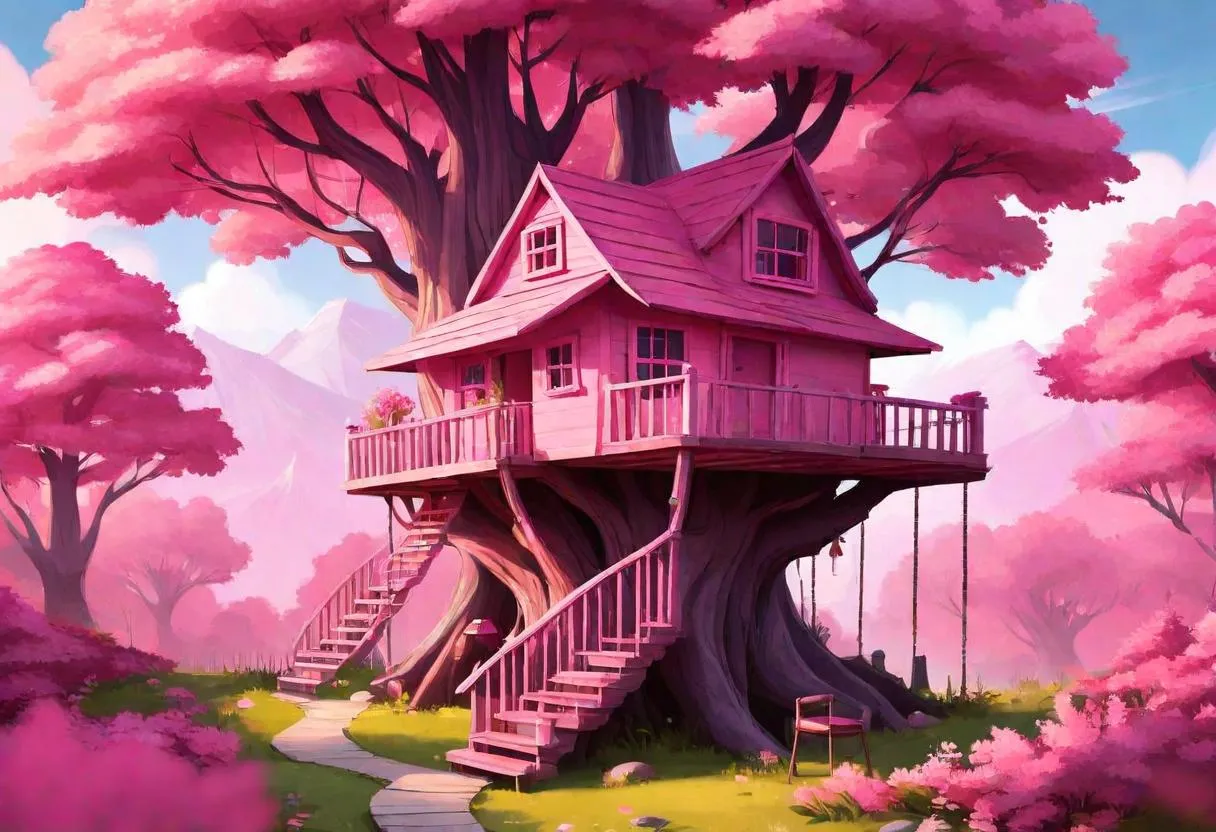 a pink tree house with stairs leading up to it