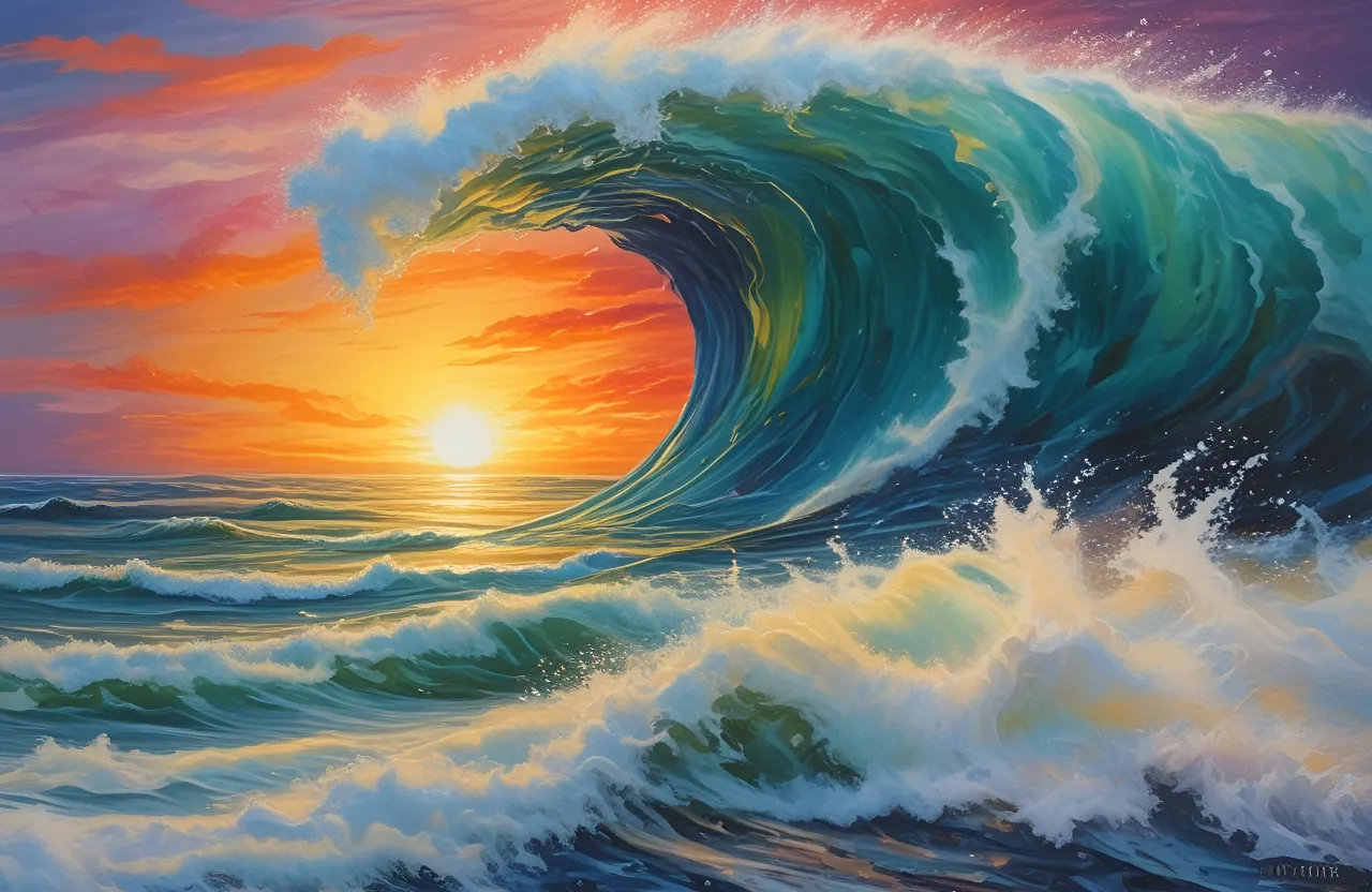 A painting of a gigantic wave breaking into a waterfall that crashes into the ocean, with the vibrant colors of the sunset in the background