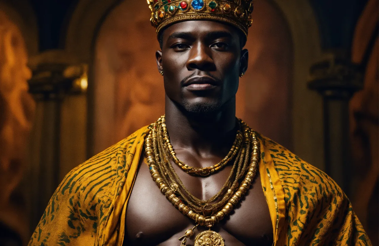 a black man wearing a gold crown and necklace