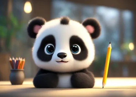 a panda bear sitting next to a pencil holder and picks up the pencil