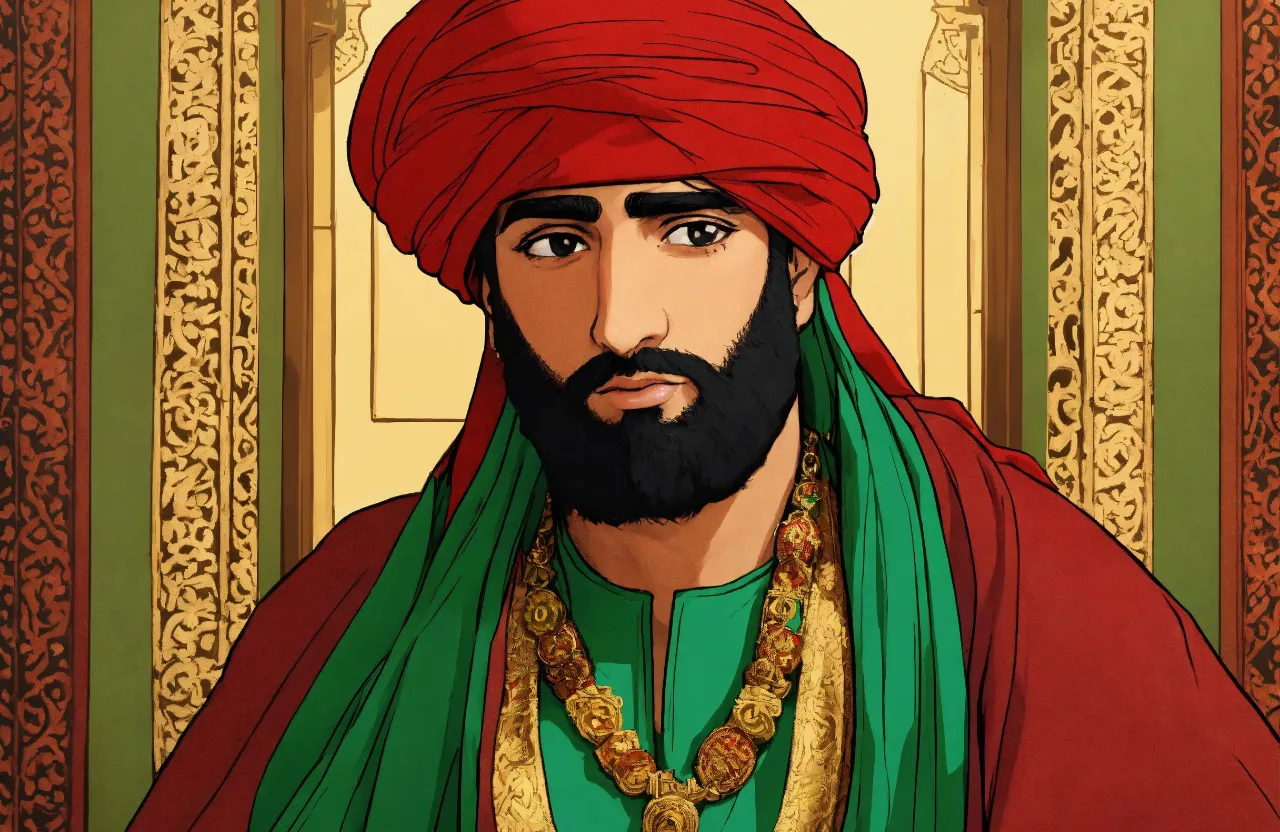 a man in a red turban and green shawl