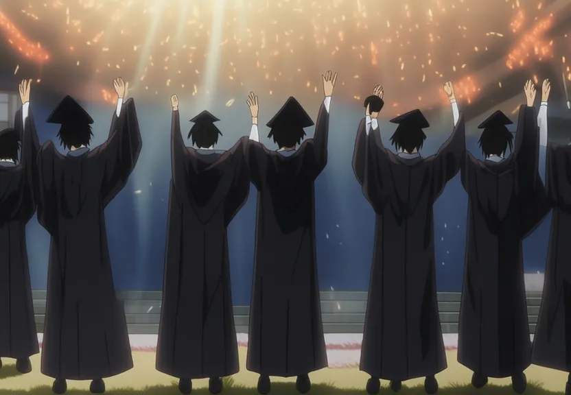 a group of people in graduation gowns with their hands in the air