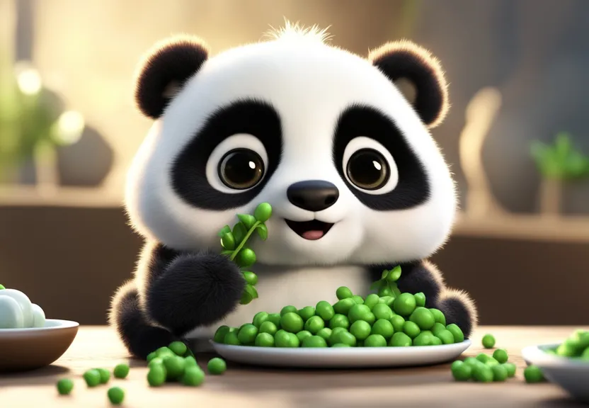 a panda bear eating green peas from a plate