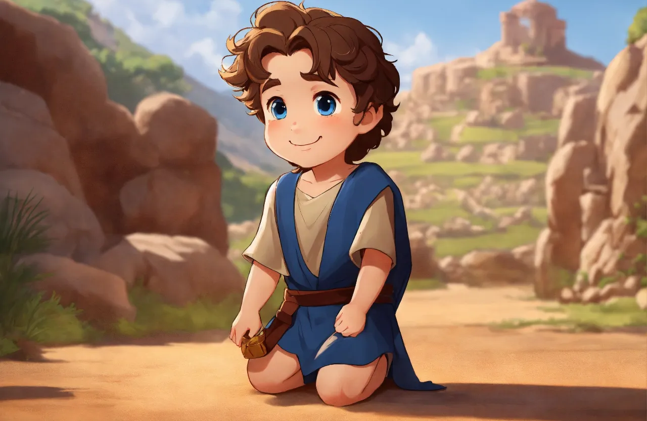 a young boy in a blue dress kneeling on a dirt road