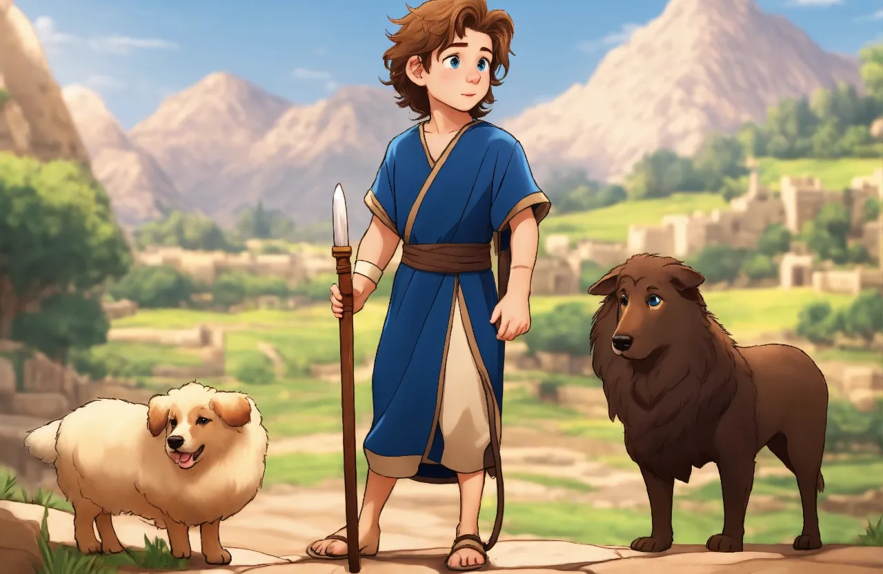 a boy in a blue dress standing next to a dog and a sheep