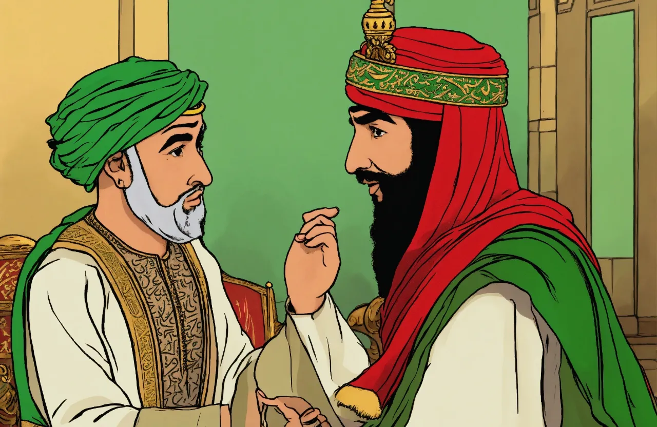 a cartoon of a man with a beard talking to another man