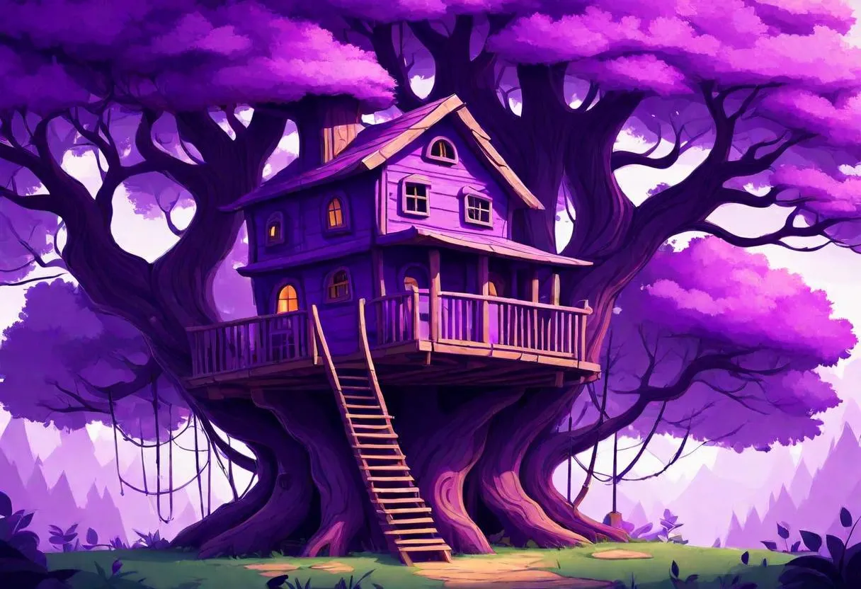 A purple treehouse amidst a magical, glowing forest with butterflies and fairies