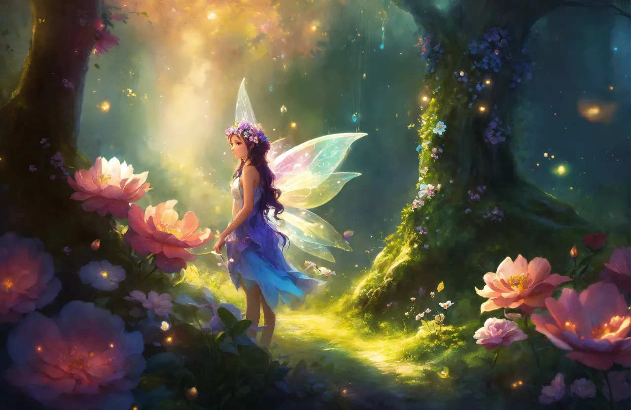 a fairy standing in the middle of a forest