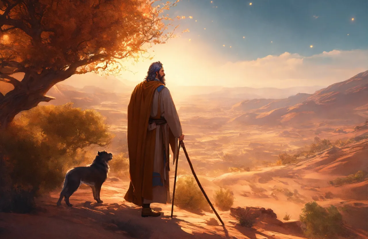 a painting of a man and a dog in the desert