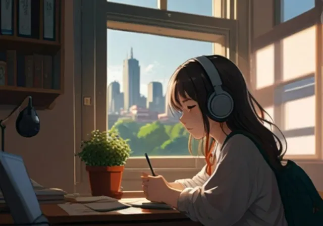 a girl sitting at a desk with headphones on writing, Anime, High quality