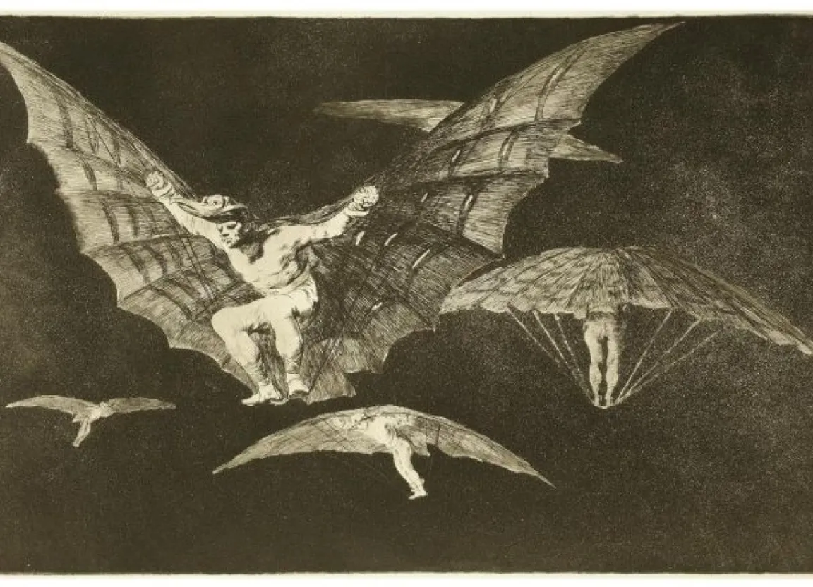 a black and white drawing of a man on a bat