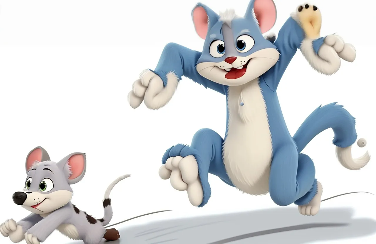 a cartoon character running next to a mouse