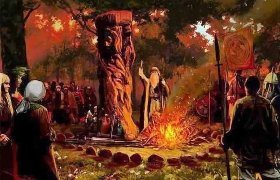 a painting of a group of people standing around a fire